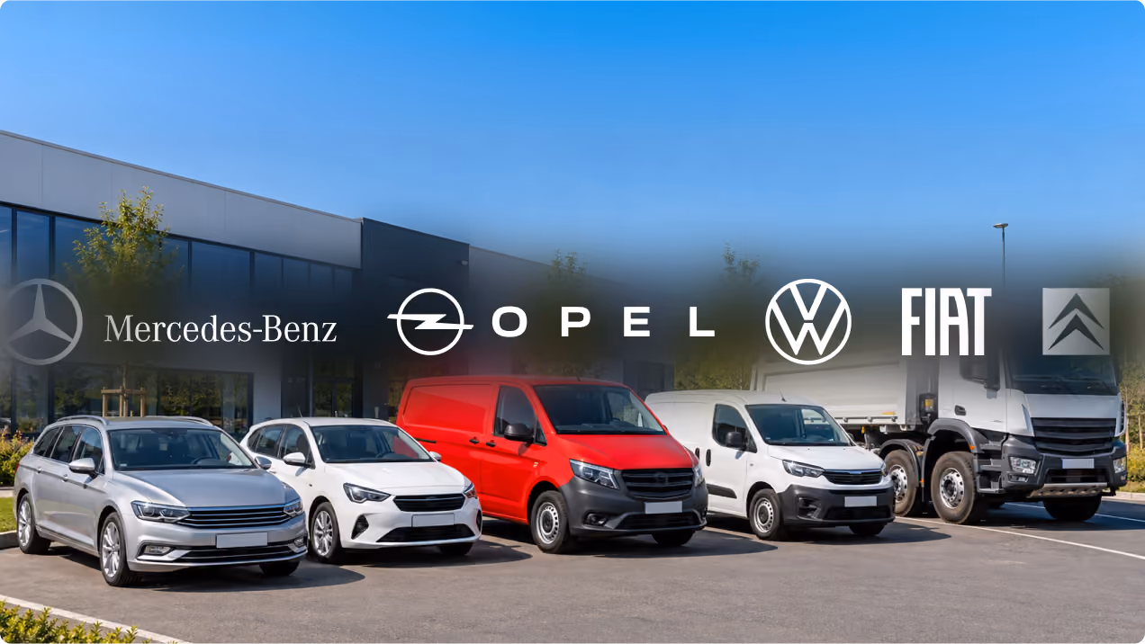 Cinq véhicules alignés dans un parking devant un bâtiment, sous un ciel bleu clair, avec les logos Mercedes-Benz, Opel, Volkswagen, Fiat et Citroën superposés en haut de l'image.