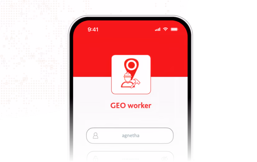 Écran de smartphone affichant l'application GEO worker avec un logo d'ouvrier portant un casque et tenant un marteau sous un repère de localisation, et un champ de connexion avec le nom 'agnetha'.