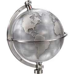 Globe terrestre métallique gris avec support et axe indiquant les continents d'Amérique du Nord et du Sud.