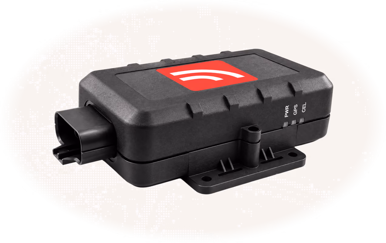 Dispositif électronique noir rectangulaire avec un connecteur sur un côté et un logo rouge marqué d'un symbole de signal blanc sur le dessus.