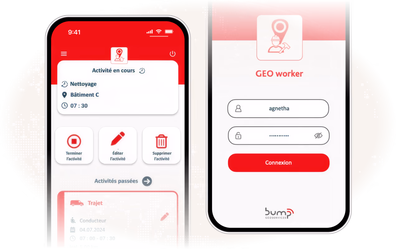 Deux écrans de smartphone affichent une application de gestion d'activités pour travailleurs sur le terrain, avec des sections pour l'activité en cours, les actions terminer, éditer, supprimer, et une page de connexion intitulée GEO worker avec champs utilisateur et mot de passe.