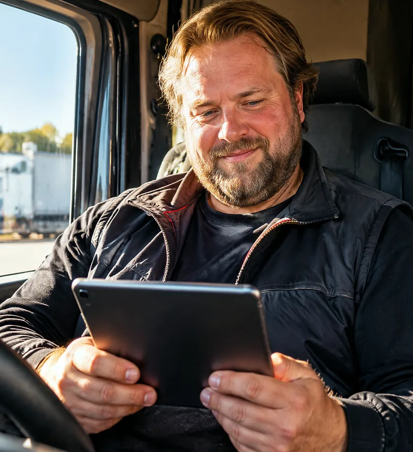 Un homme souriant avec une barbe, assis dans un véhicule, tenant une tablette et regardant son écran.