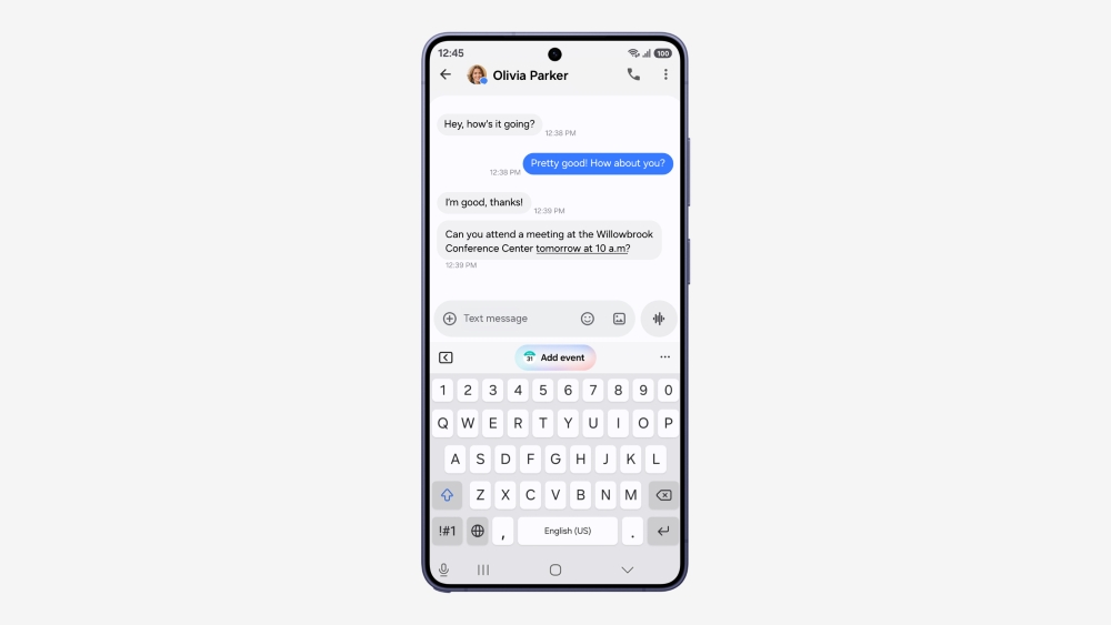 Galaxy phone suggesting an Add event button from a text about a meeting