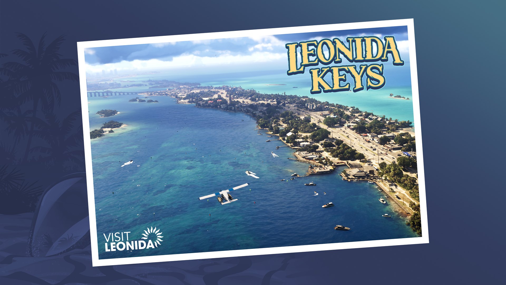 Leonida Keys postcard artwork from Grand Theft Auto VI showing islands and a seaplane over turquoise water