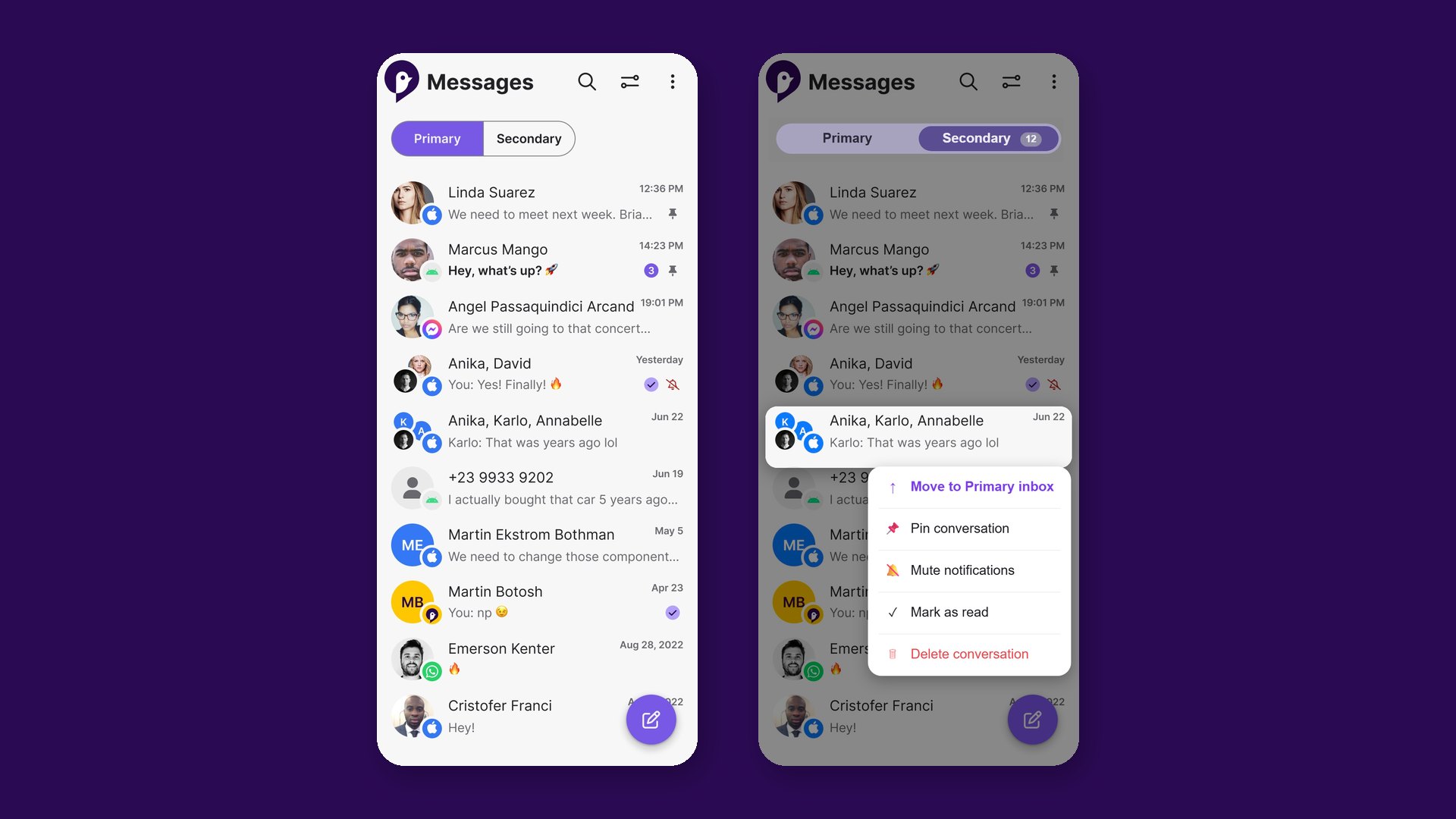 Two Sunbird app screens showing the Primary and Secondary message inboxes