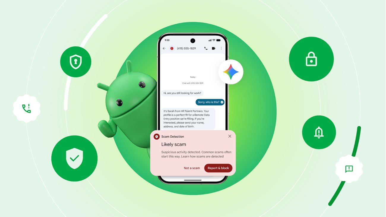 Android phone showing a Scam Detection warning that a conversation is a likely scam