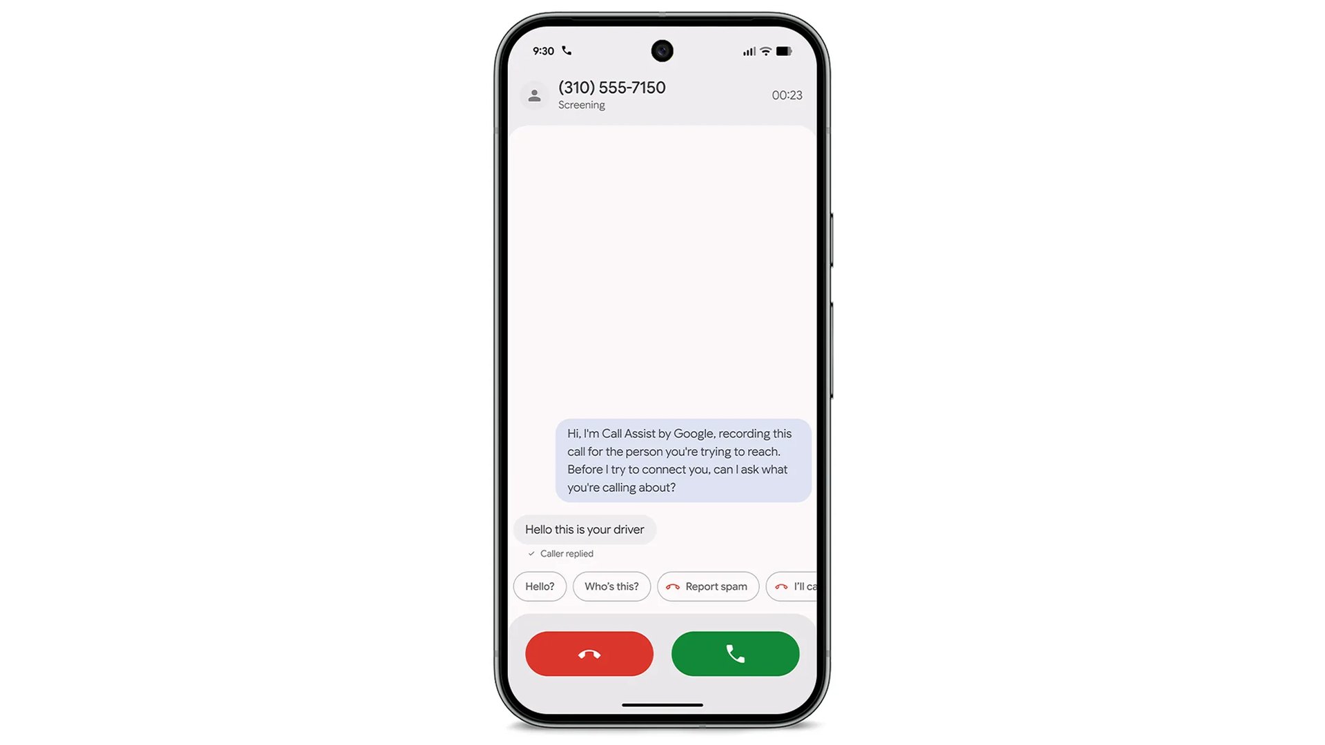 Pixel phone screening a call, with Google's assistant asking the caller what the call is about