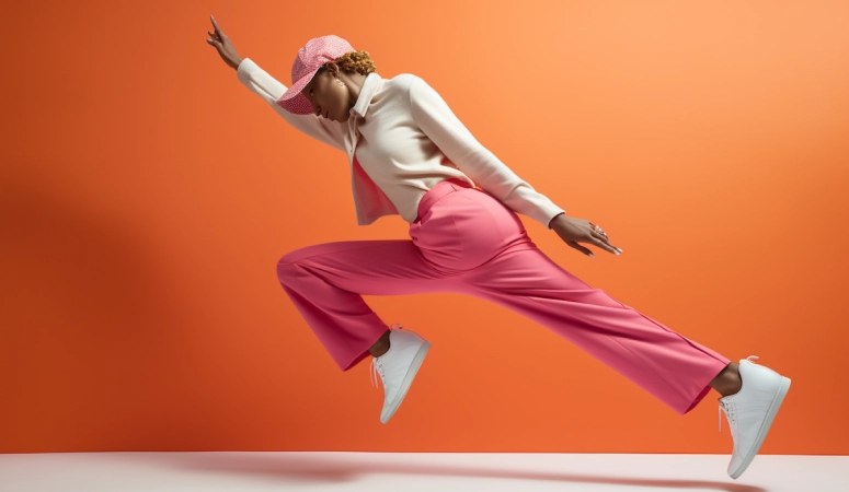 Person dressed in white jacket, pink pants, and pink cap jumping energetically against an orange gradient background.