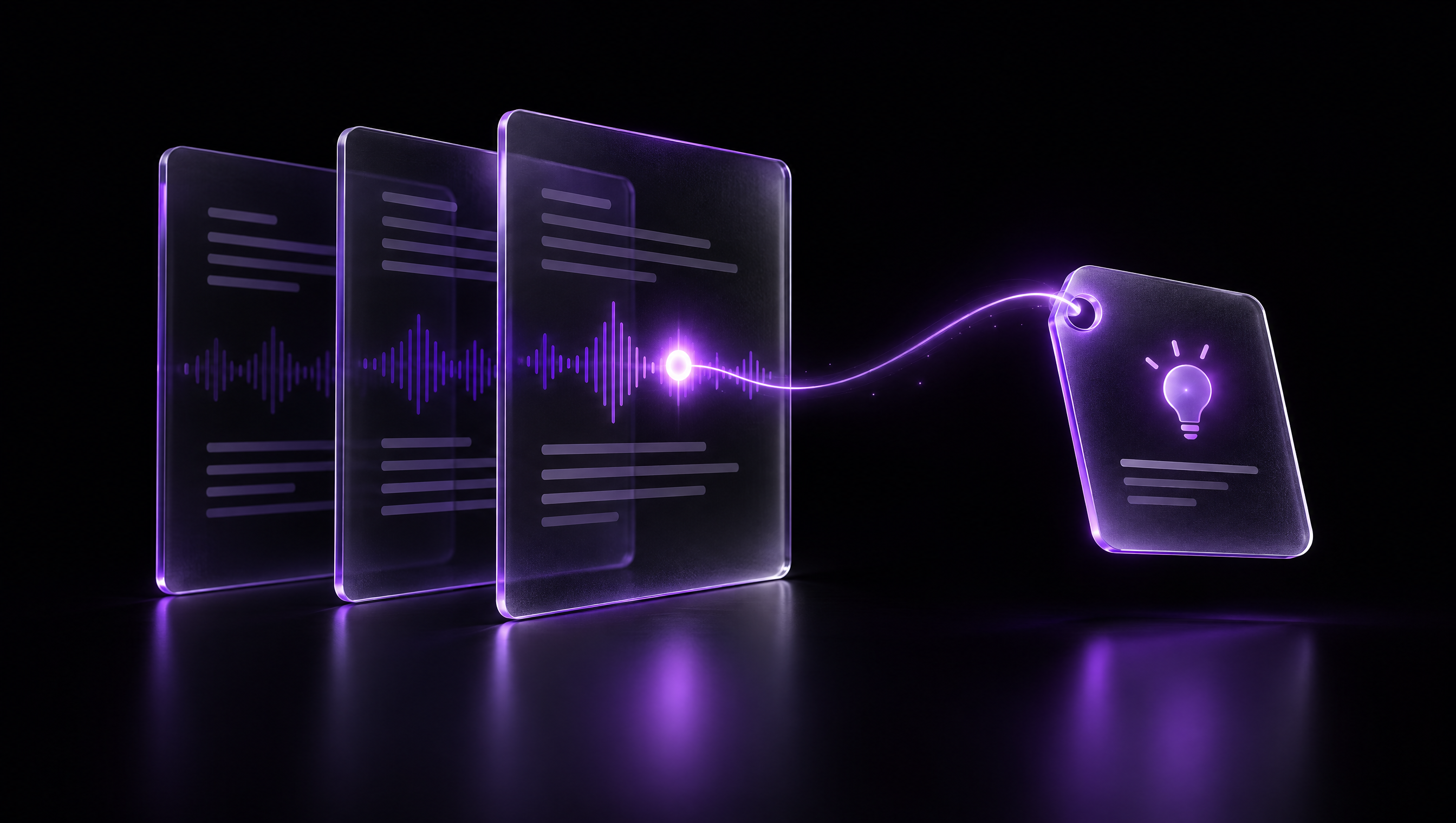 Concept illustration of glass transcript sheets and a waveform revealing a bright insight point.