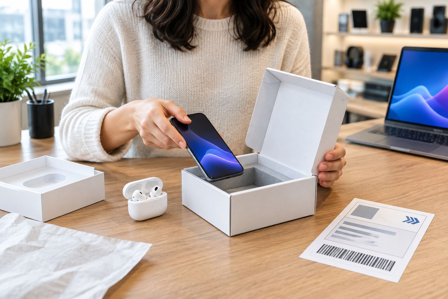 Electronics being repacked for a warranty return with a shipping label nearby