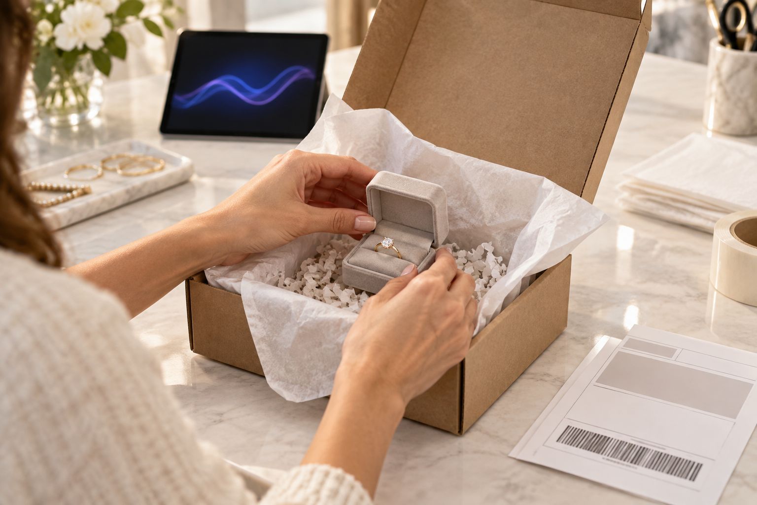 Ring box being packed for shipment with protective padding