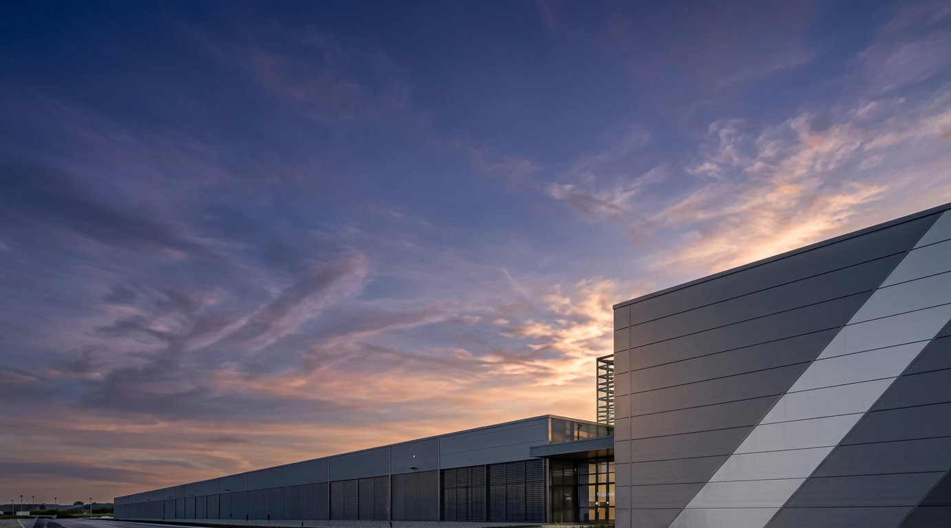 Large grey metal-clad industrial building at dusk under a purple and orange sky