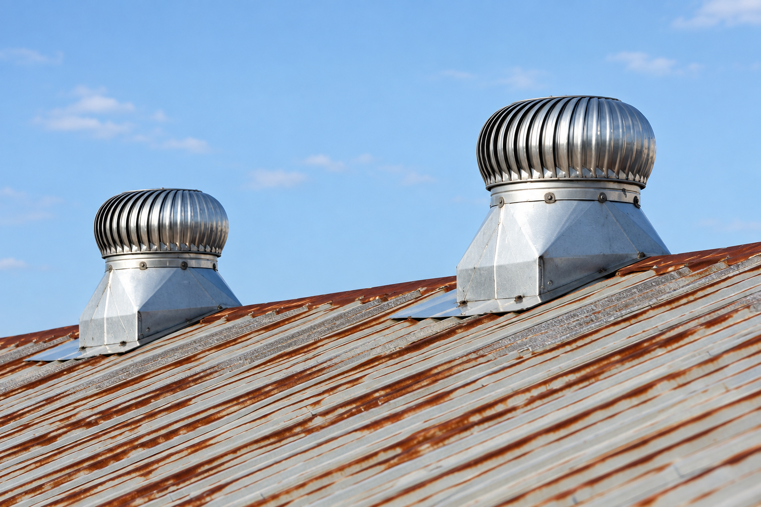 Rusted corrugated roof sheeting with two whirlybird roof vents, ready for re-roofing