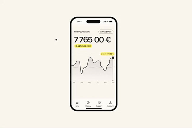 Mobile screen showing portfolio value chart with 7,765 euros and navigation icons at bottom.