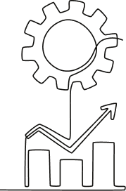 Line graph with bars and upward arrow connected to a gear icon symbolizing growth and development.