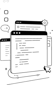 Illustration of multiple overlapping web browser windows with code and UI elements.