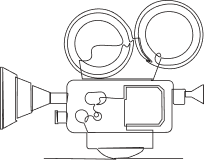 Outline drawing of a vintage film camera with two reels and a lens on a dark background.