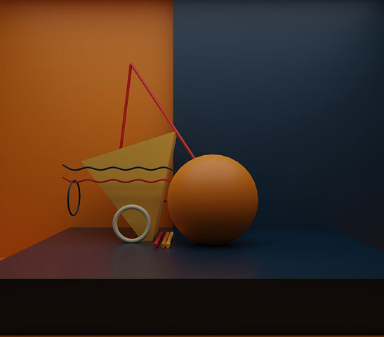 3D abstract composition of geometric shapes including a large orange sphere, yellow triangle, and rings.