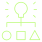 Green lightbulb icon above a circle, square, and triangle representing ideas and strategy.