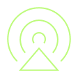 Green icon of a triangular base with concentric circles above symbolizing data sharing or signal.