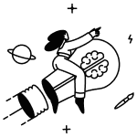 Silhouette of a person riding a pencil rocket past planets and stars in space.