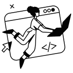 Silhouette of a person working on a laptop with a large check mark over coding symbols.