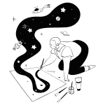 Abstract black silhouette of two human-like figures interacting with a swirl or tail element.