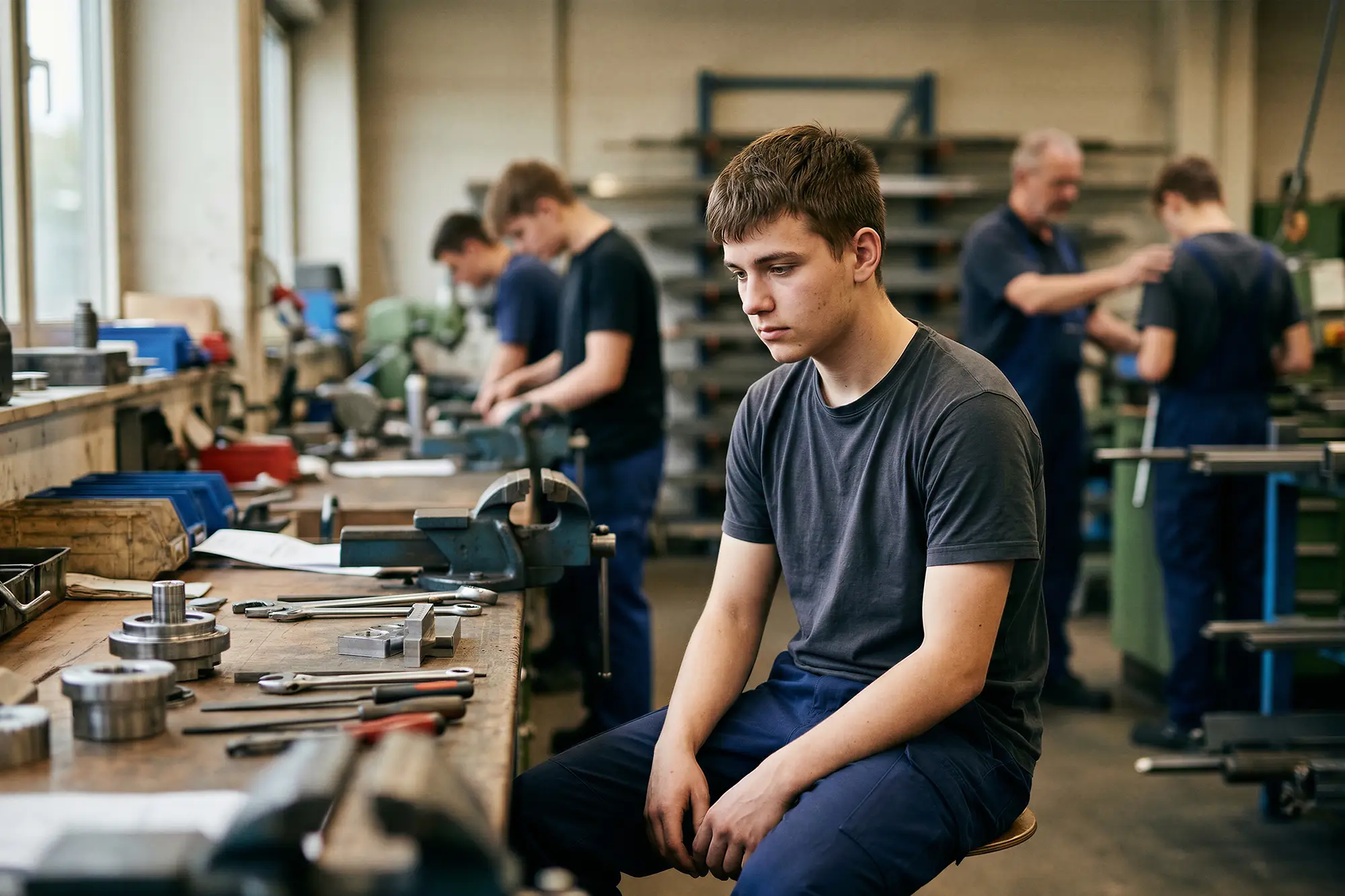 Junger Lehrling in einer Werkstatt wirkt nachdenklich, während im Hintergrund der Arbeitsalltag im Betrieb weiterläuft (KI-generiertes Bild)
