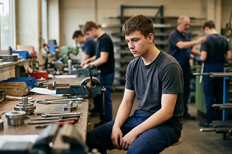 Lehrling in der Werkstatt mit nachdenklichem Blick (KI-generiertes Bild)