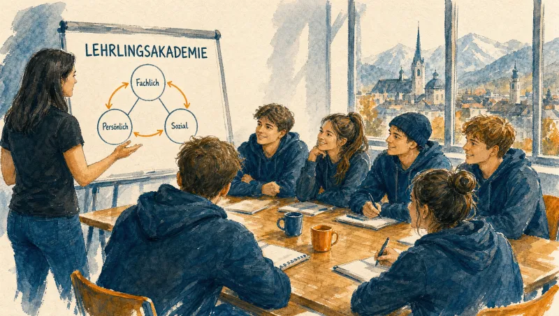 Lehrlinge arbeiten gemeinsam in einer Akademie-Einheit — eine Trainerin begleitet die Gruppe unterstützend am Rand des Seminarraums. Aquarell-Illustration im Lehrlingsimpuls-Stil.