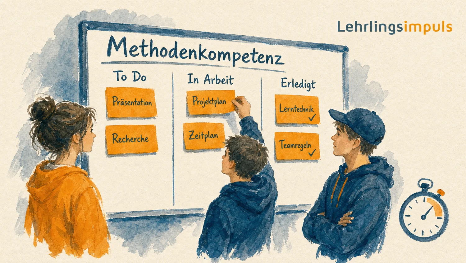 Drei Lehrlinge arbeiten am Kanban-Board zur Methodenkompetenz mit den Spalten To Do, In Arbeit, Erledigt.