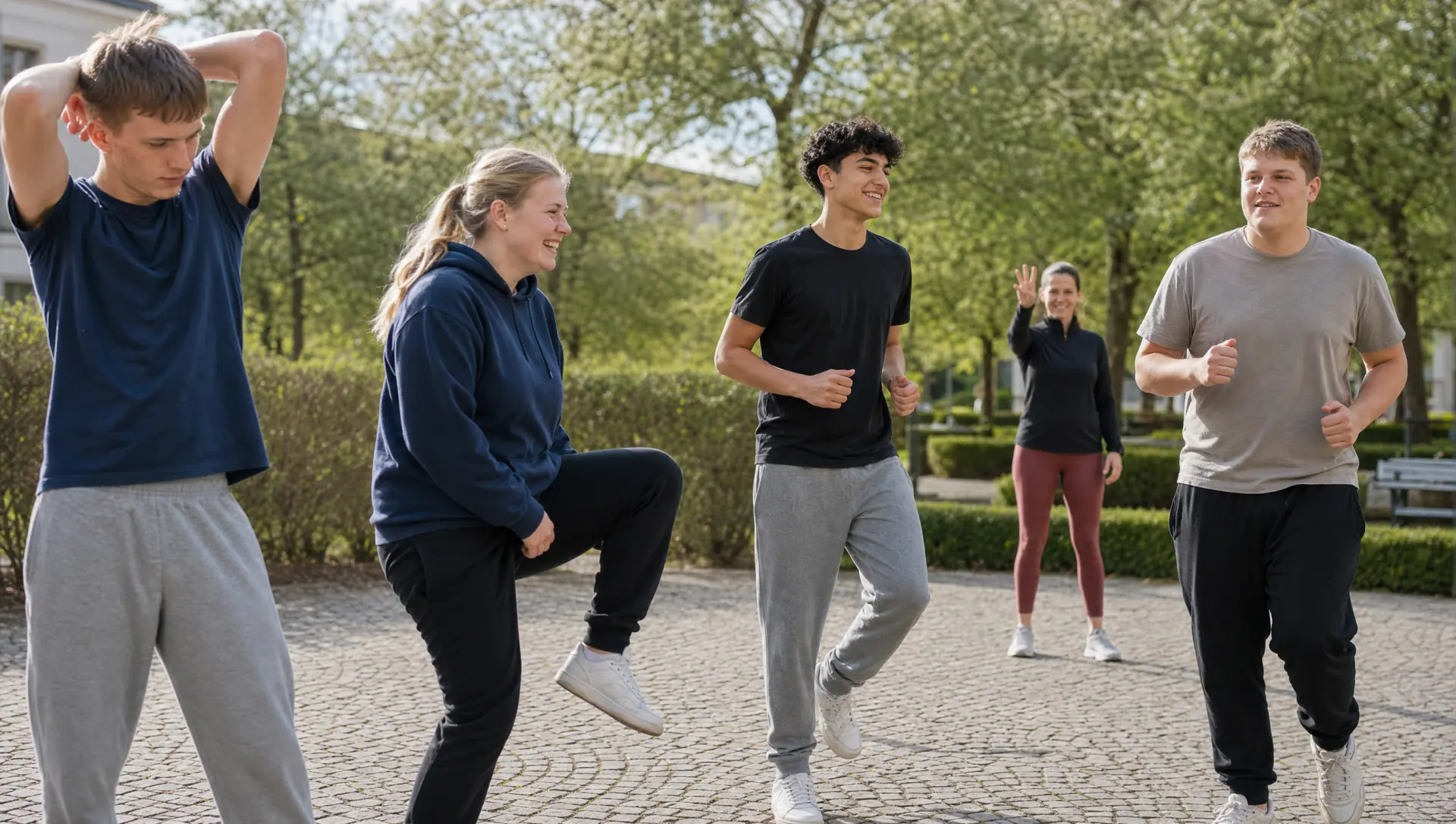Vier Lehrlinge bewegen sich gemeinsam im Freien, eine Trainerin im Hintergrund winkt motivierend zu (KI-generiertes Bild)