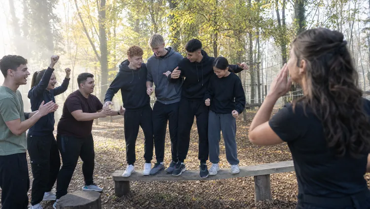 Lehrlinge meistern gemeinsam eine Outdoor-Challenge im Wald während der Kick-Off Days. (KI-generiertes Bild)