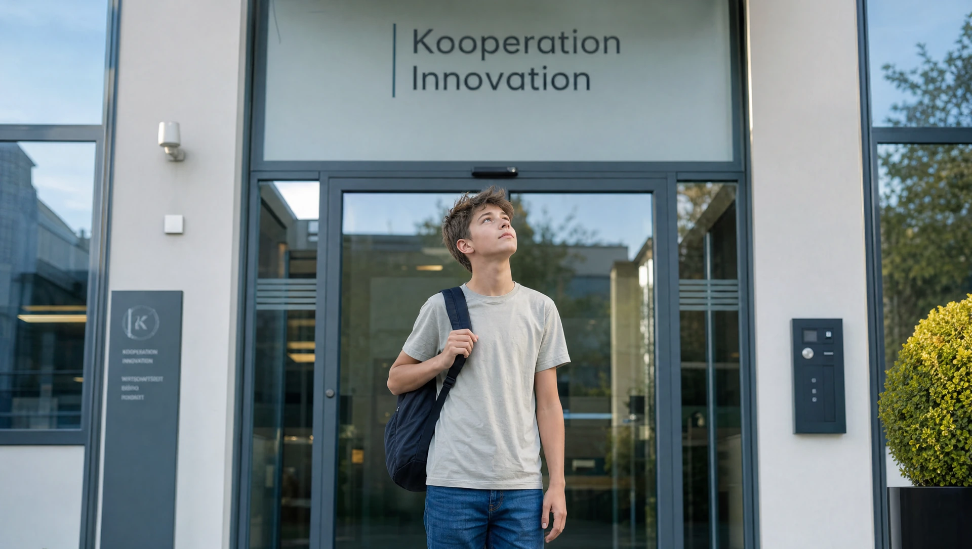 Schueler mit Rucksack steht erwartungsvoll vor Eingangstuer mit Schriftzug Kooperation und Innovation (KI-generiertes Bild)