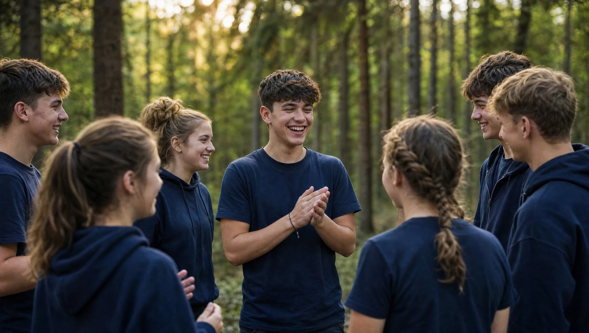 Lehrlinge im dunklen Shirt stehen im Kreis im Wald, klatschen und lachen miteinander in Outdoor-Atmosphaere (KI-generiertes Bild)