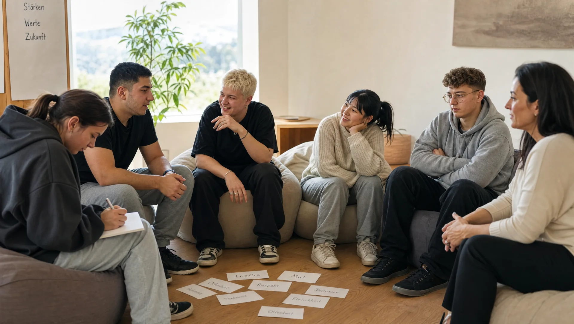 Sechs Lehrlinge sitzen mit Trainerin im Kreis, am Boden Wertekarten wie Empathie, Respekt und Mut (KI-generiertes Bild)