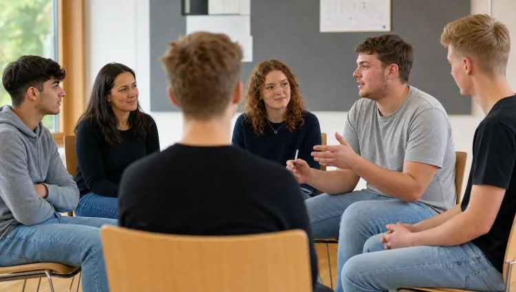 Ausbilder und Lehrlinge in einem offenen, motivierten Gespräch im Werkstattbereich. (KI-generiertes Bild)
