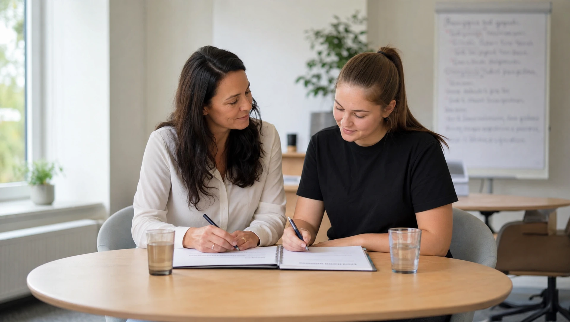 Ausbilderin und Lehrling im schwarzen Shirt notieren gemeinsam am Tisch, im Hintergrund Flipchart mit Gespraechsleitfaden (KI-generiertes Bild)