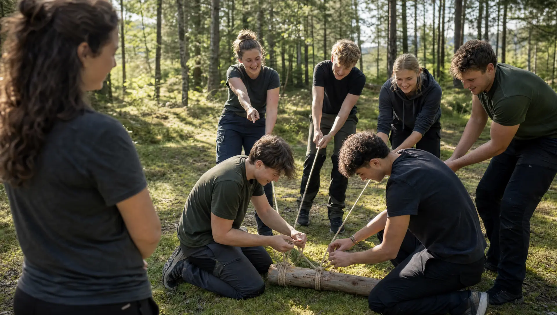 Sechs Lehrlinge im schwarzen Shirt bauen gemeinsam im Wald mit Seilen ein Floss aus Holzstaemmen (KI-generiertes Bild)