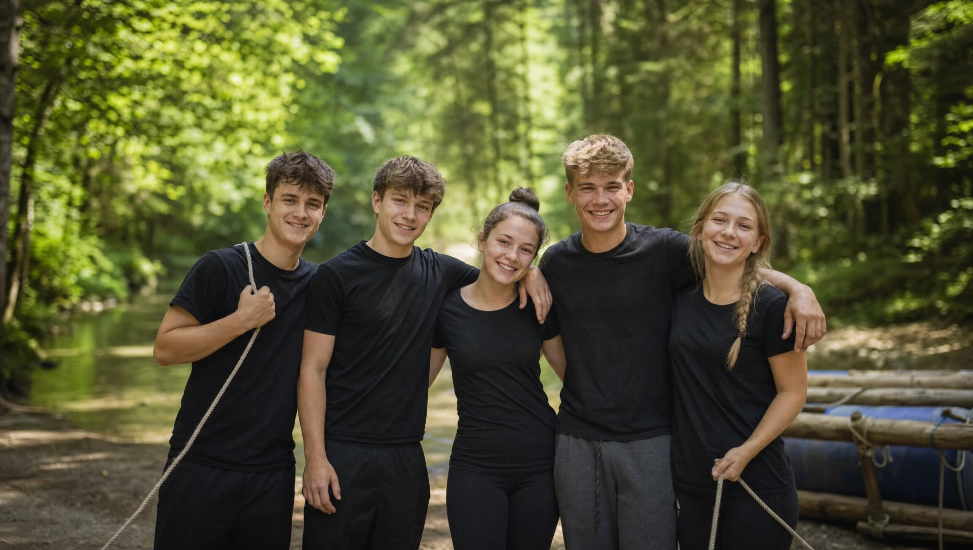 Fuenf Lehrlinge im schwarzen Shirt stehen Arm in Arm laechelnd vor Wald nach erfolgreicher Teambuilding-Aufgabe (KI-generiertes Bild)
