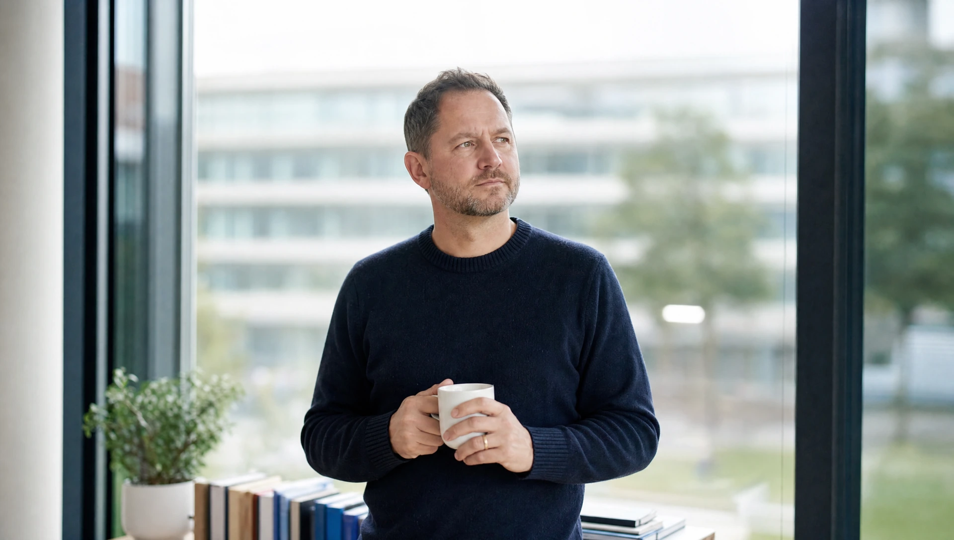 Fuehrungskraft im dunklen Pullover steht reflektierend mit Kaffeetasse am Fenster, blickt nachdenklich (KI-generiertes Bild)