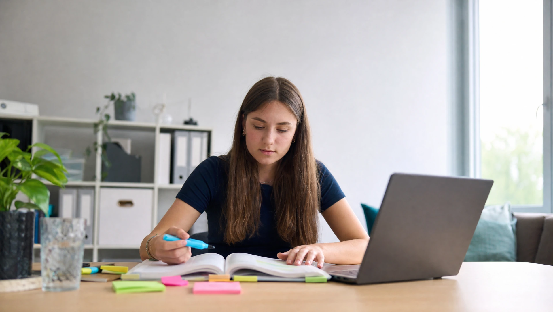 Junge Lehrling lernt konzentriert mit Buch, Marker und Laptop am Schreibtisch, helle Wohnatmosphaere (KI-generiertes Bild)