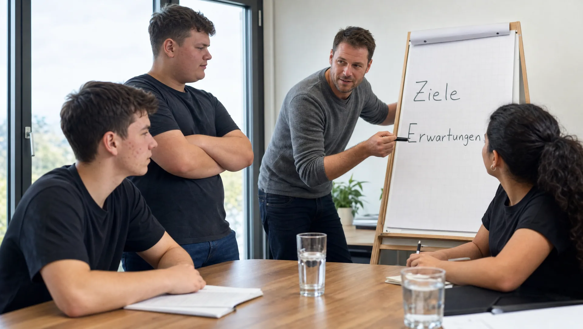 Ausbilder am Flipchart mit Begriffen Ziele und Erwartungen, drei Lehrlinge hoeren konzentriert zu (KI-generiertes Bild)