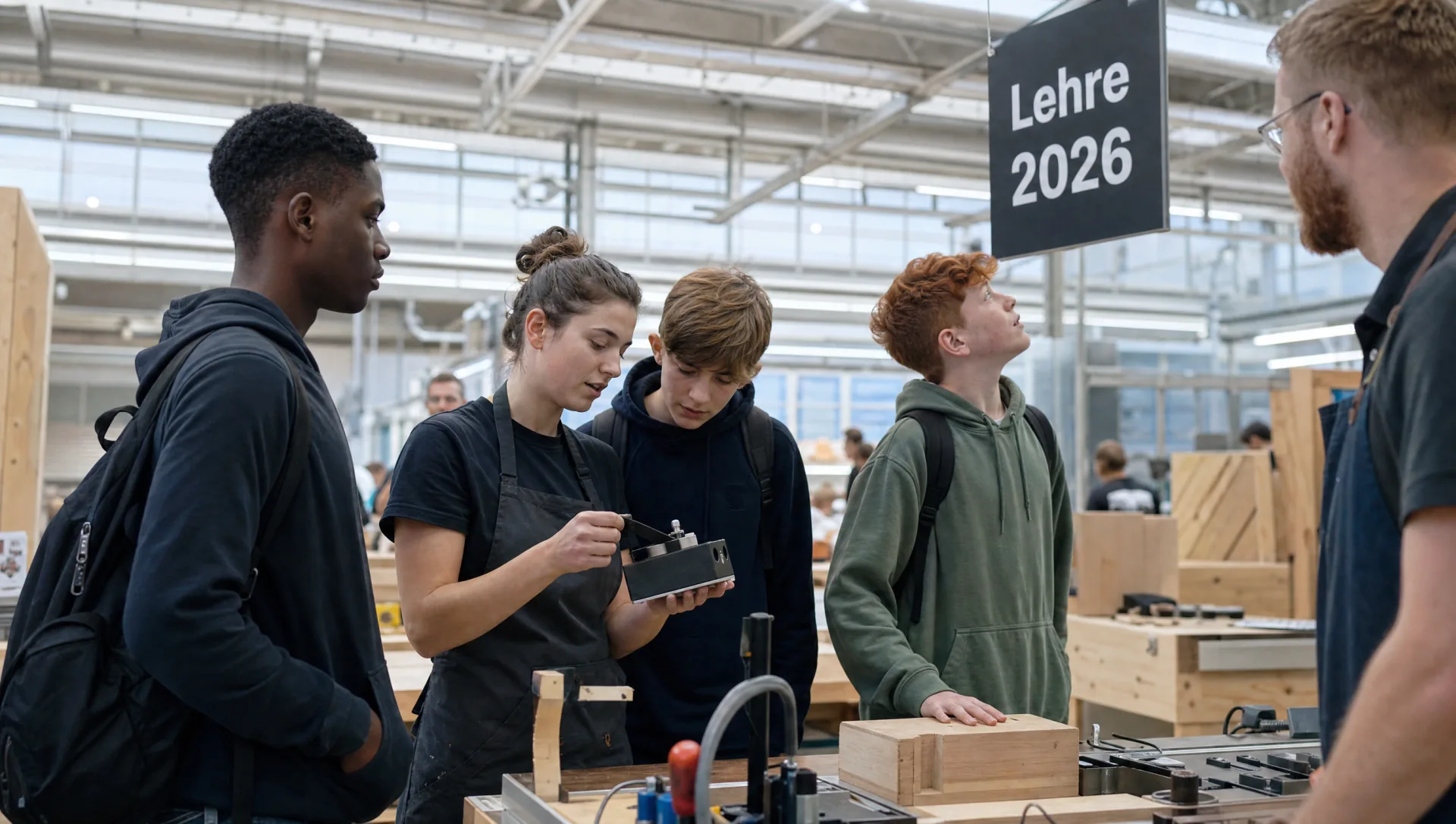 Junge Ausbilderin zeigt vier Schuelern an einer Werkstatt-Messe mit Schild Lehre 2026 ein technisches Werkstueck (KI-generiertes Bild)