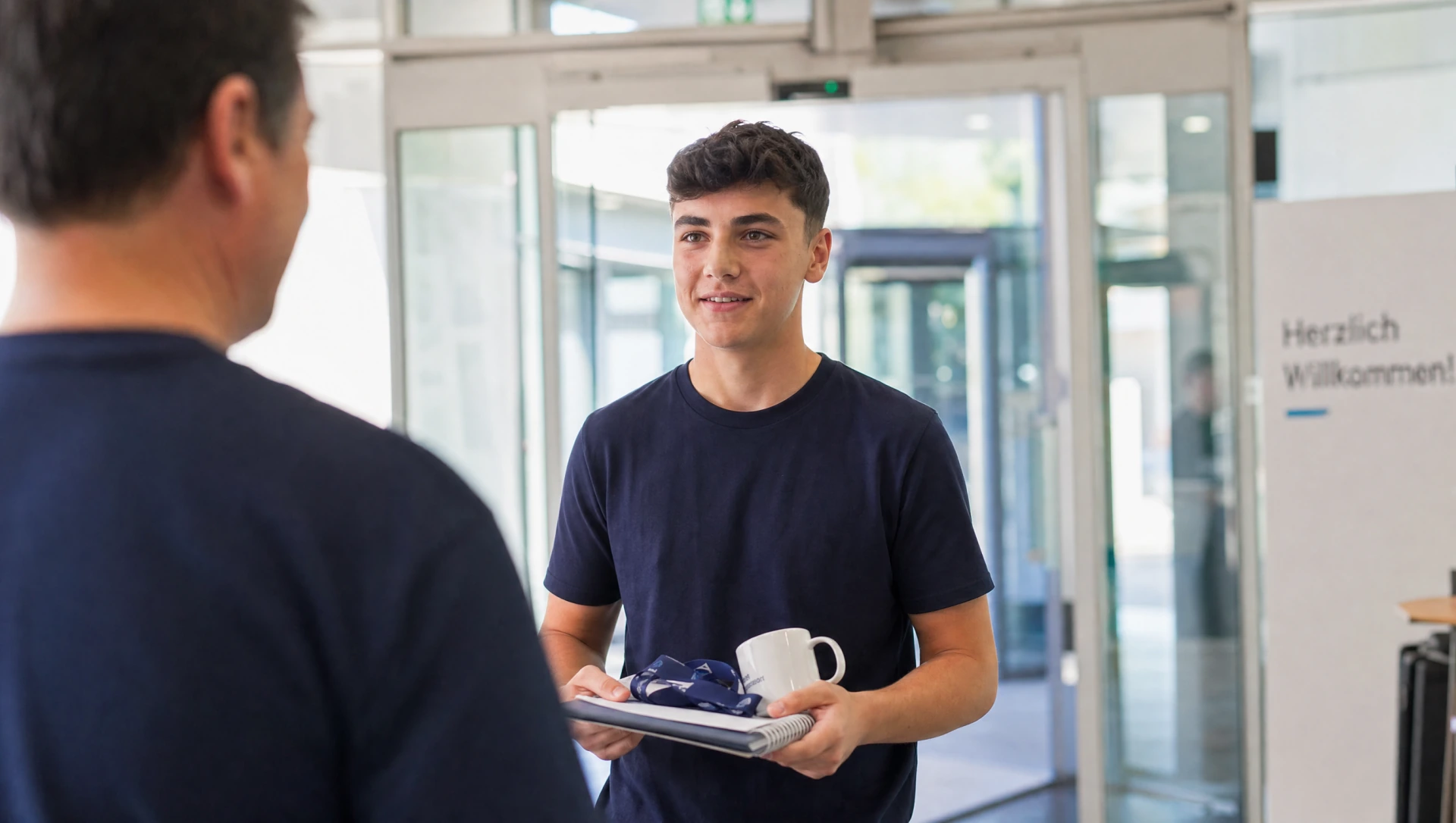 Lehrling mit Tasse und Onboarding-Mappe wird im hellen Foyer mit Schriftzug Herzlich Willkommen begruesst (KI-generiertes Bild)
