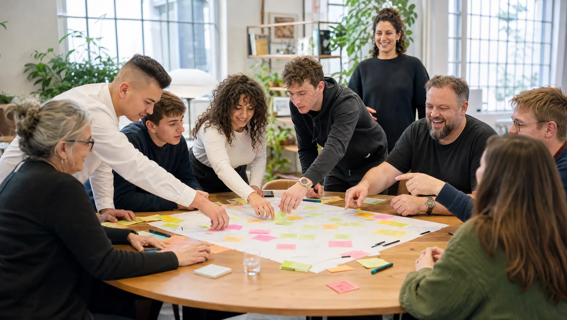 Sieben Erwachsene arbeiten gemeinsam an grossem Tisch mit Plan und Post-its, lebendiger betriebsuebergreifender Austausch (KI-generiertes Bild)