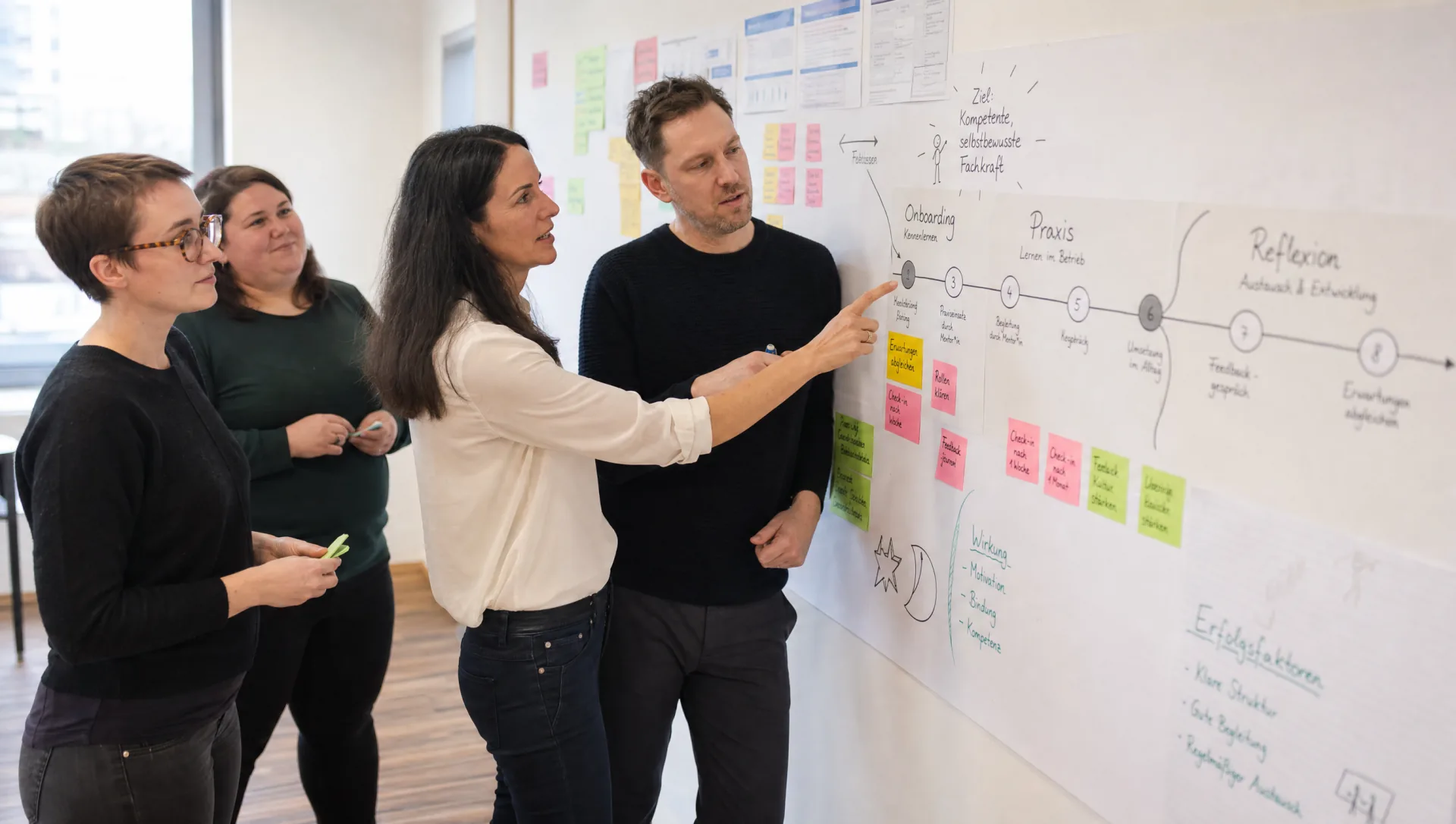 Beraterin und drei Kolleg:innen entwickeln gemeinsam ein Ausbildungskonzept an einer grossen Wandgrafik mit Post-its (KI-generiertes Bild)