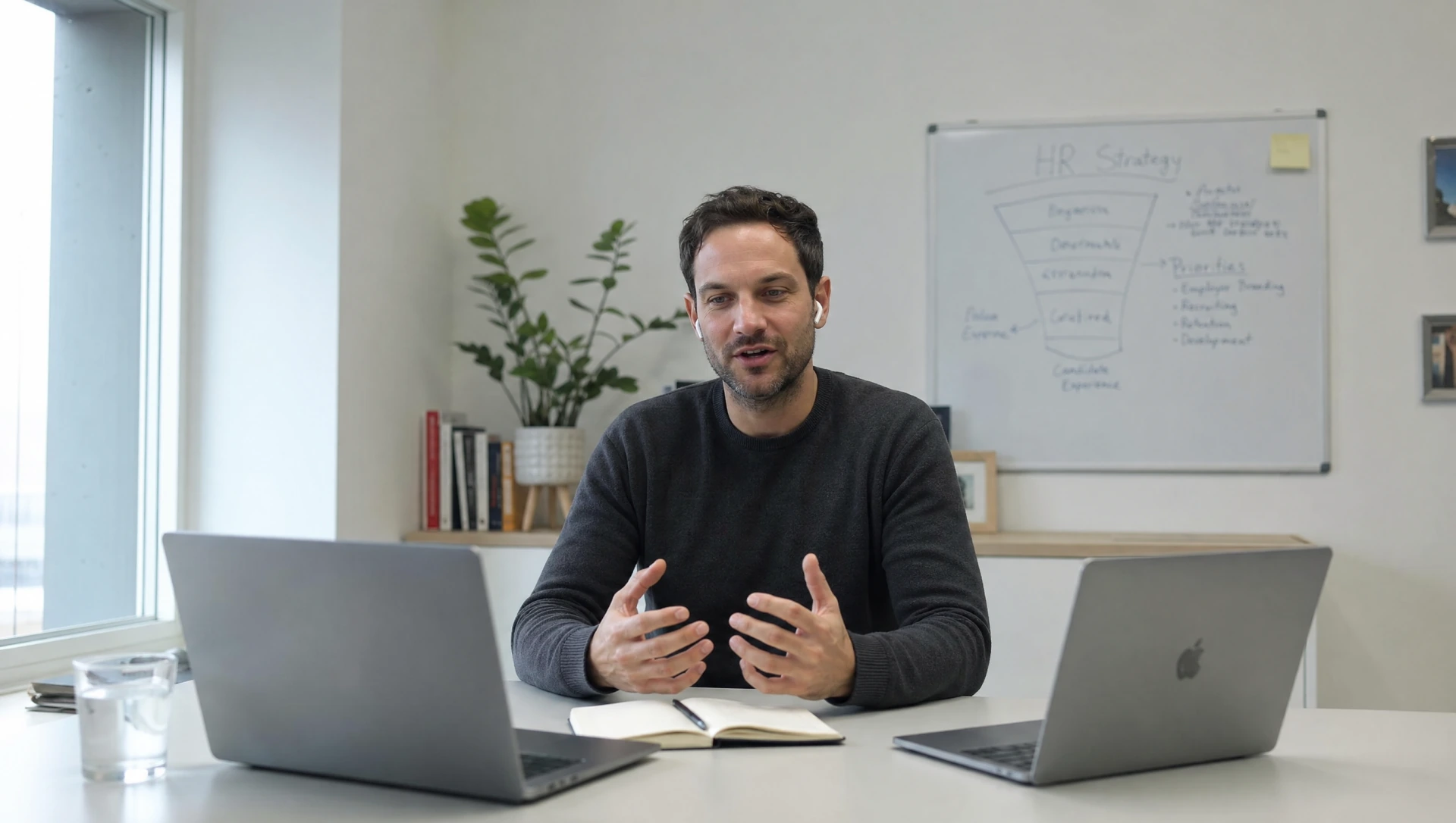Berater im dunklen Pullover spricht am Schreibtisch vor Whiteboard mit HR-Strategie-Skizze in Online-Meeting (KI-generiertes Bild)