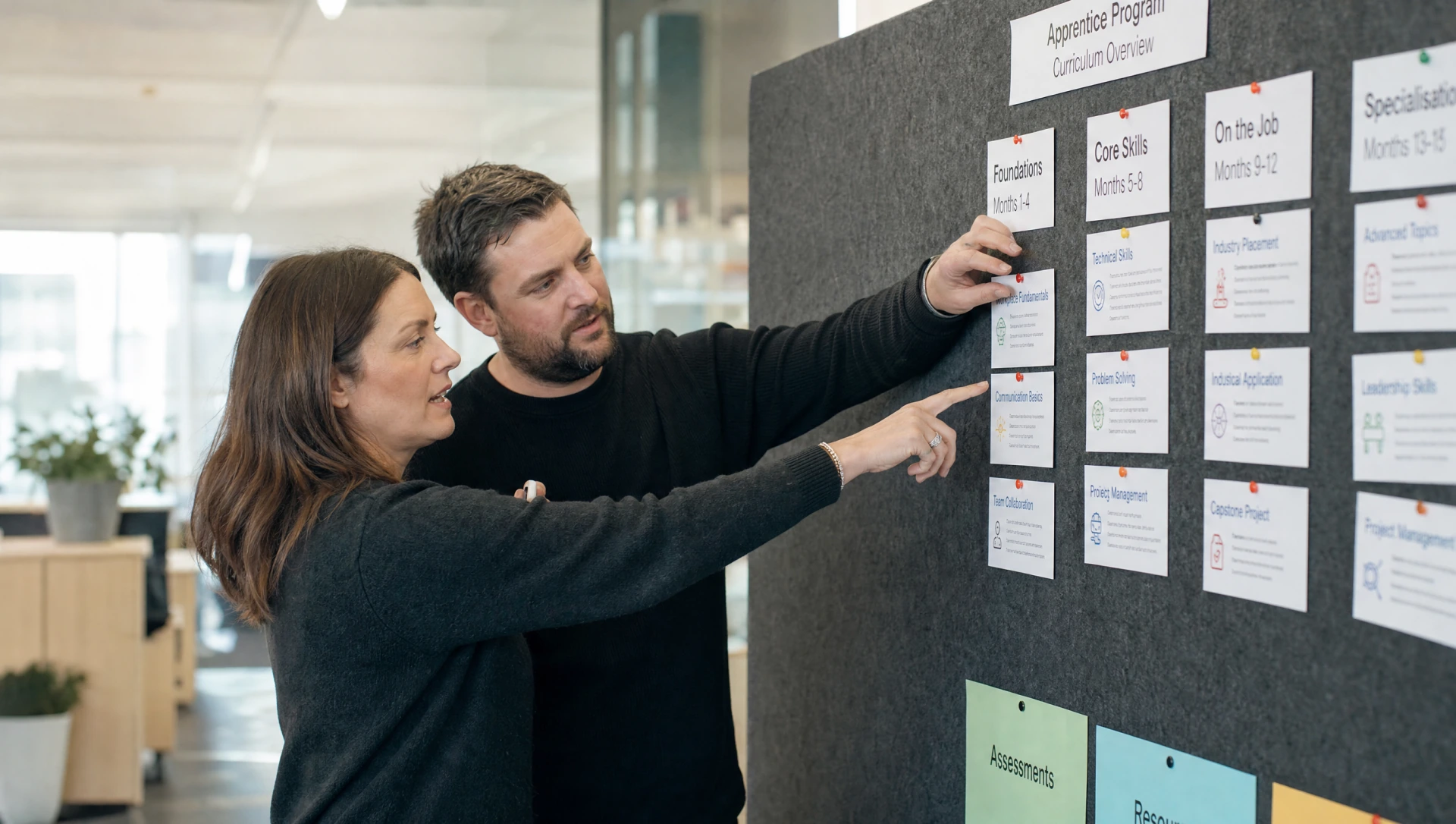 Trainerin und Mann besprechen Curriculum-Module an Pinwand mit Phasenplan zur Lehrlingsausbildung (KI-generiertes Bild)