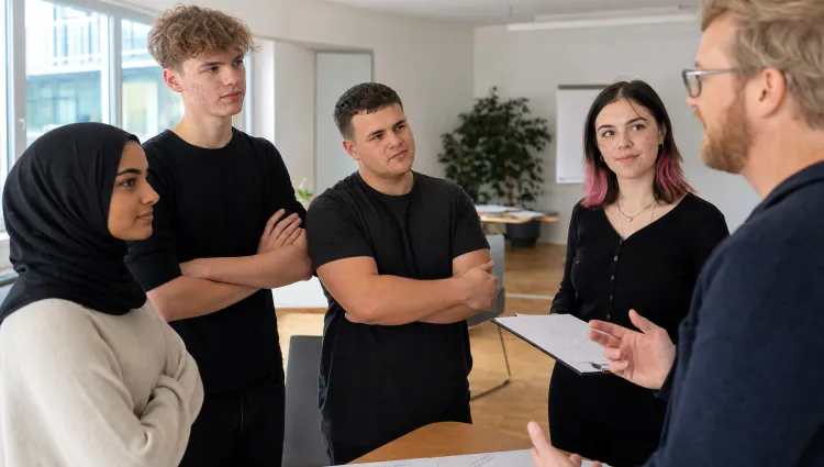 Lehrling und Ausbilderin in einem geklärten Gespräch im Werkstattbüro während eines Kommunikationstrainings. (KI-generiertes Bild)